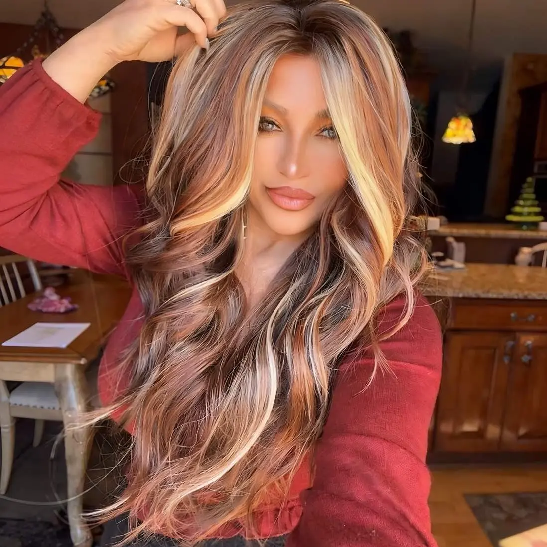 IMstyle Alanna Calico Auburn  Brown and Blonde Highlight with Rooting Ombre Color 13*4 Glueless Lace Front Wig Free Parting Long Body Wave Syntehtic Wig