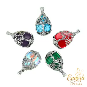 Eudora Tree of Life Tear Drop Necklace Healing Crystal Heart Pendant Goddess Amulet Jewelry with Amethyst Turquoise, Spiritual Protection Gift for Her