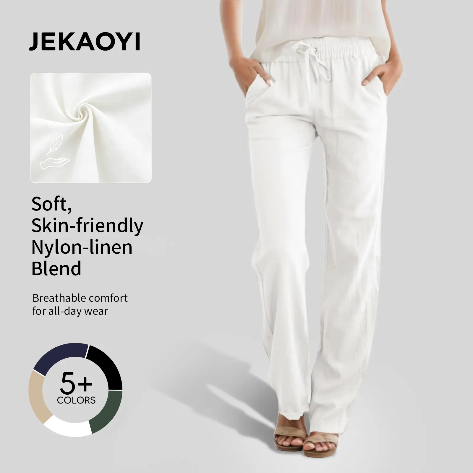 JEKAOYI Womens High Waist Casual Pants Drawstring Straight Leg Vacation Comfy Lounge Pocket Linen Trousers# everyday pant Stretchy Activewear Adjustable Bottoms