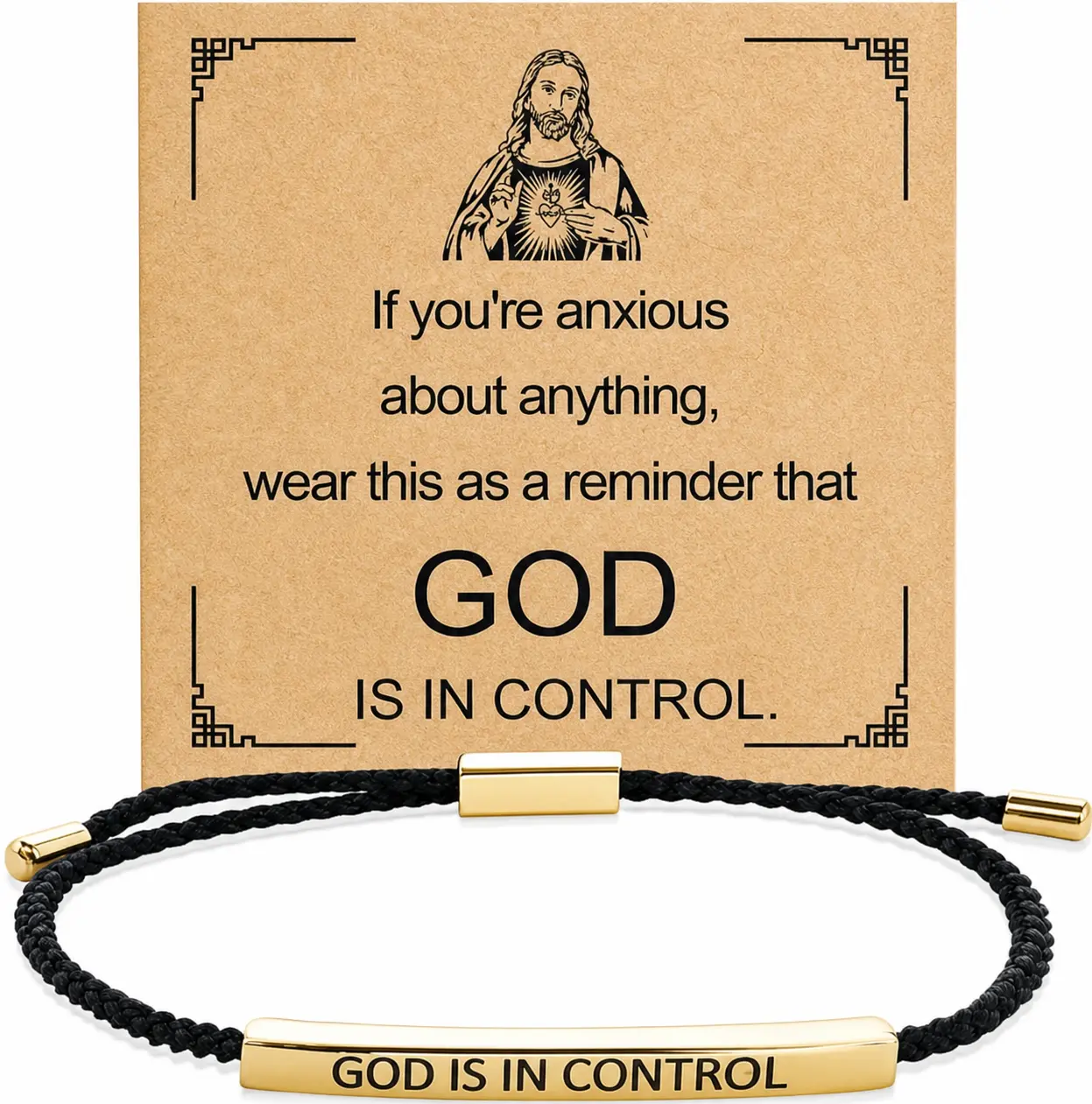 Christian Motivational Bracelet, "God is in Control" Inspirational Engraved Bangle, Adjustable Unisex Geometric Cuff Bracelet, Faith Jewelry Gift for Women and Men, Daily Wear