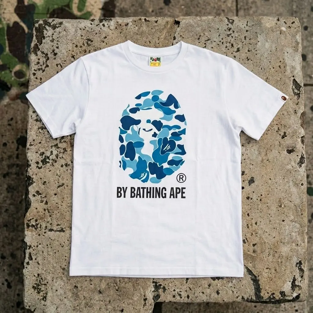 A BATHING APE Blue Camo Ape Head White Tee - Premium Graphic Streetwear Cotton T-Shirt Unisex