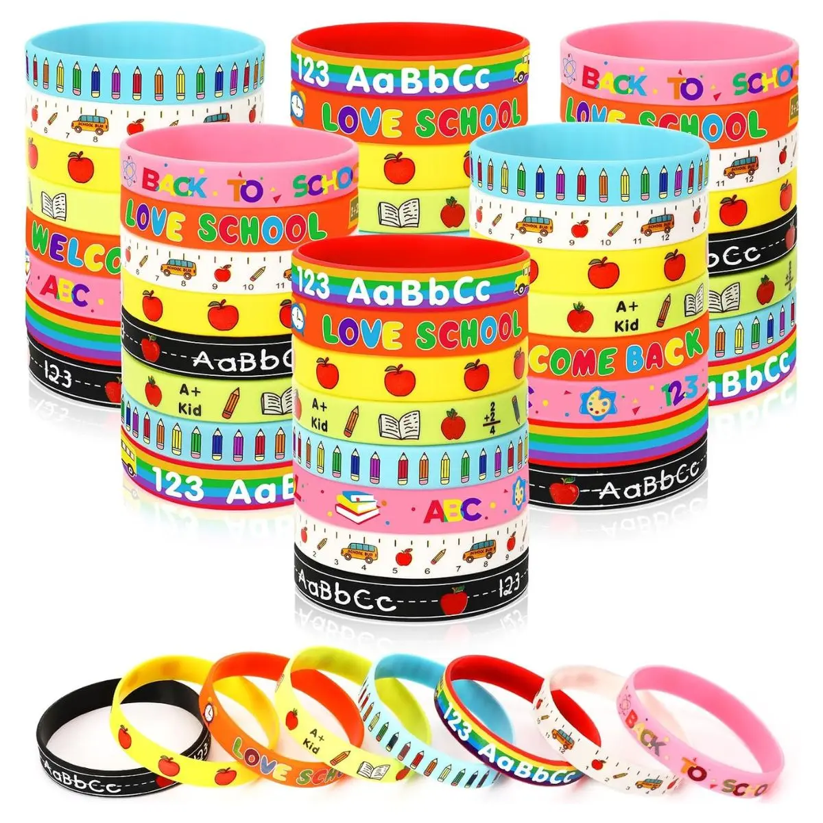 64PCS Silicone Bracelets Party Favors – 8 Design Rubber Wristbands for Students & Classroom Gifts | Back to School
