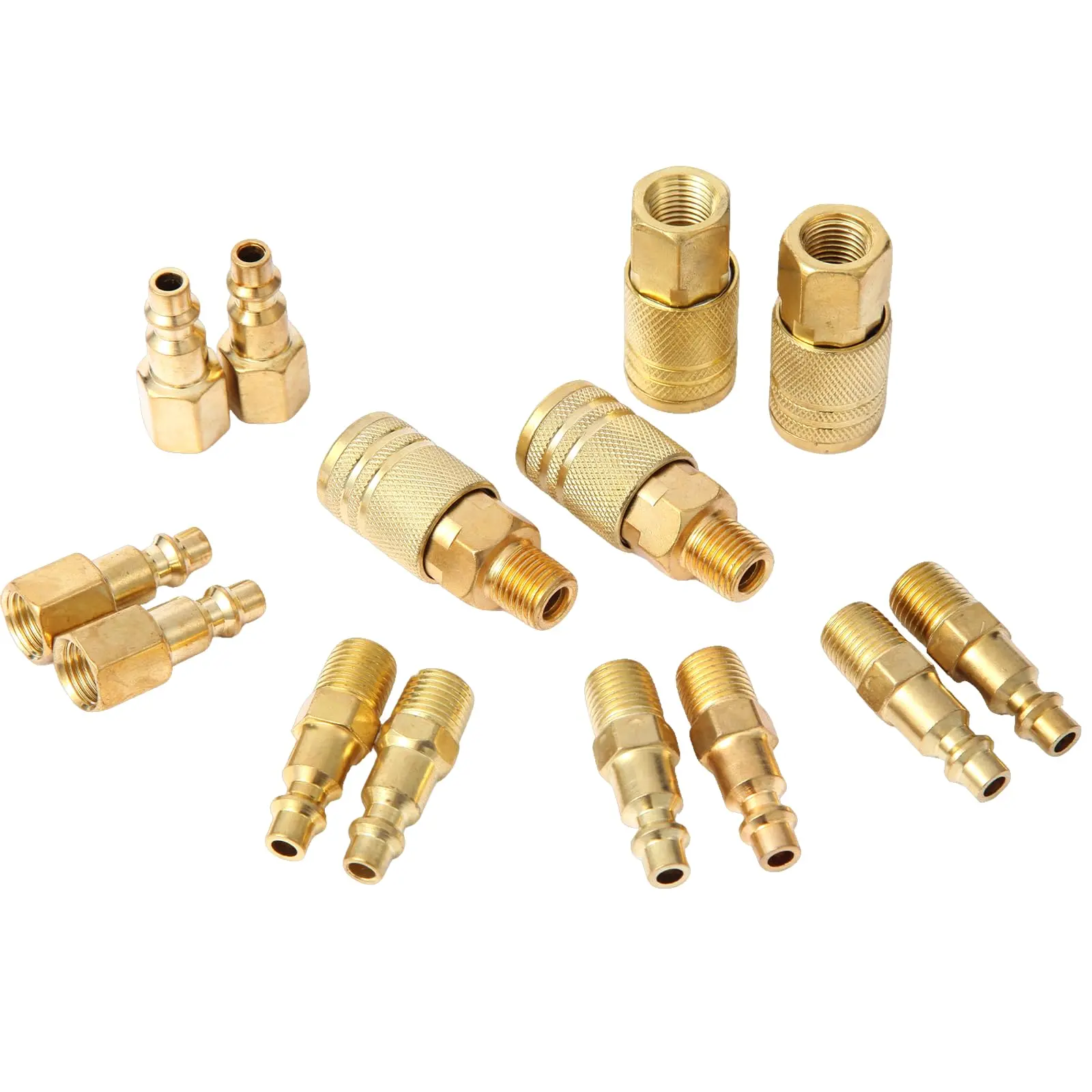14-Piece Solid Brass 1/4" NPT Air Tool Fittings Kit - Quick Connect Couplings, Pipe Fittings, Pipe Parts, Push-In Plugs, 6 Locking Balls, Leakproof Seal