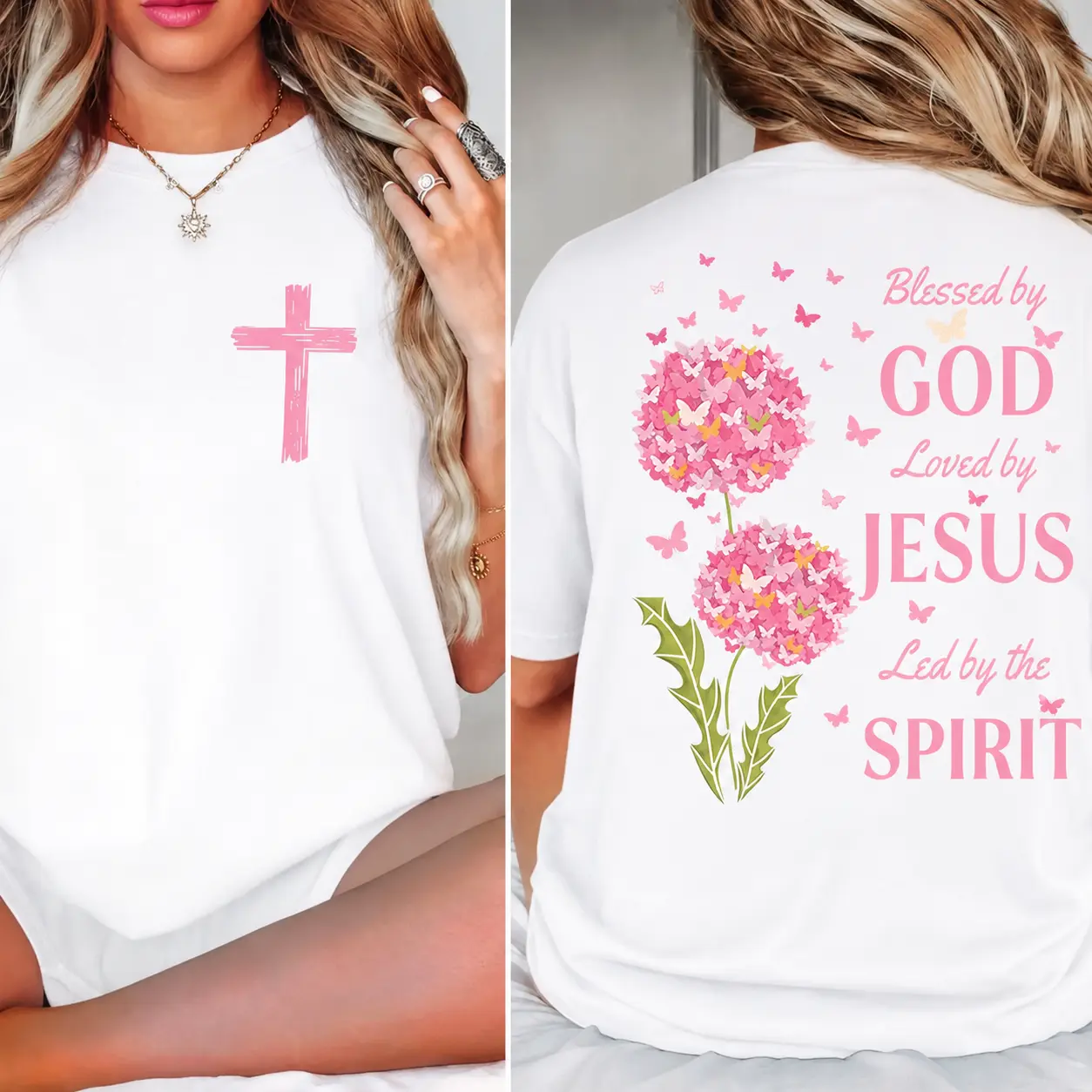 Women's Pure Cotton Graphic T-Shirts - Blessed By God Loved By Jesus Led By The Spirit, Double Print, Loose Fit, Round Neck, Short Sleeve, Pink Cross Dandelion Butterfly, Christian Faith Inspirational, All Seasons Summer Casual Streetwear Top