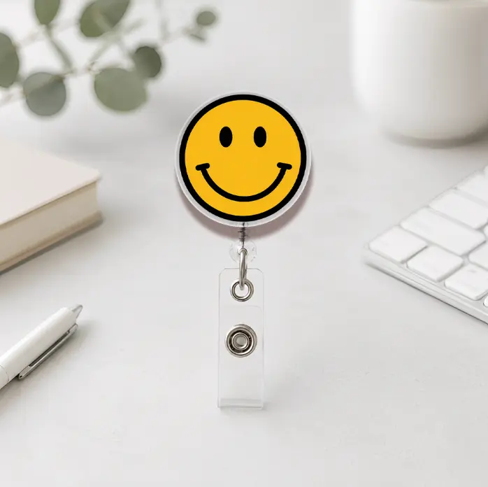 Smiley Face Badge Reel, Emoji Acrylic Retractable ID Badge Holder, Funny Work Badge Holder, Teacher ID Holder, Office Work Accessory, Employee Gift