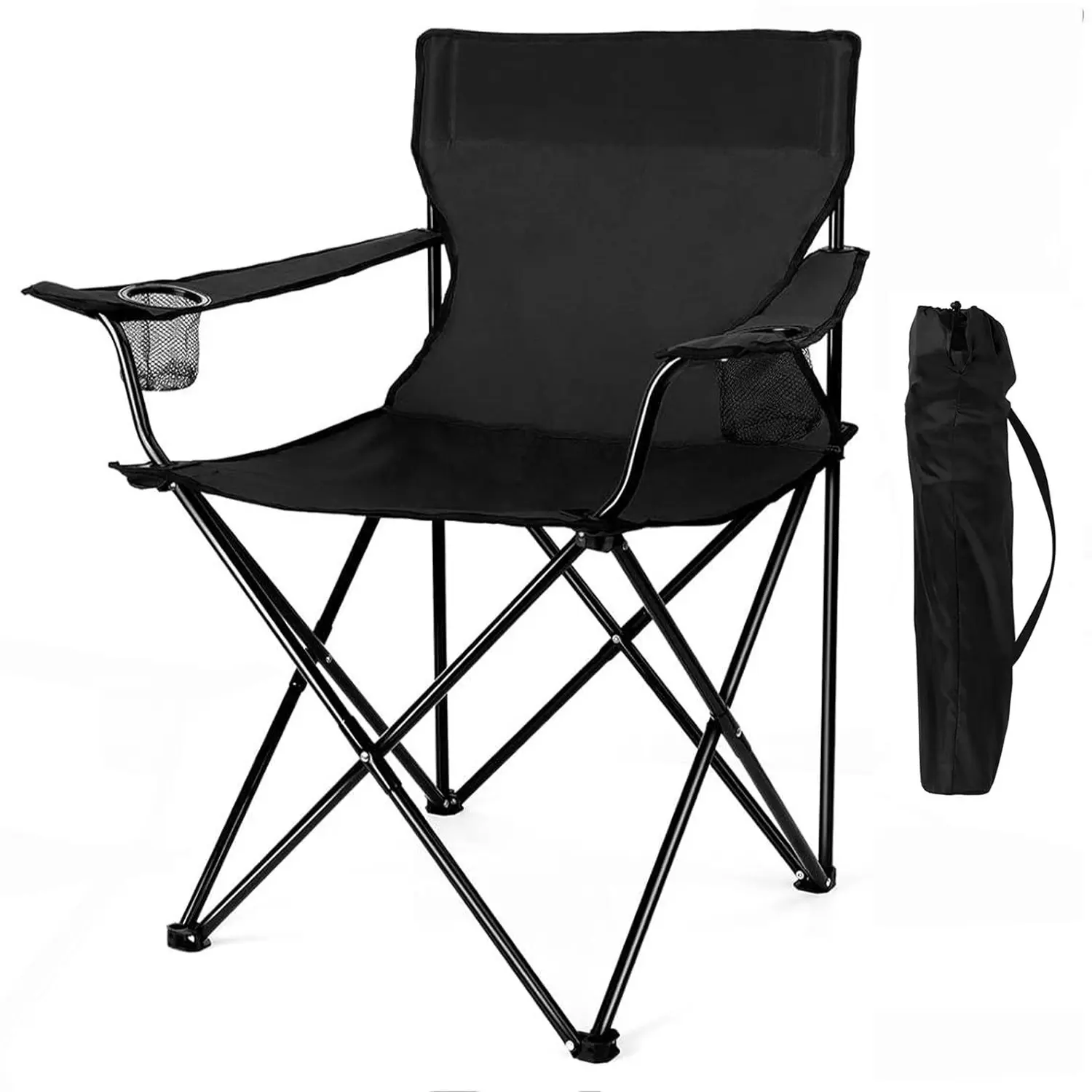 Portable Camping Chair, Outdoor Lawn Folding Chairs for Adults, Heavy Duty Large Foldable Chairs for Beach, Fishing, Tailgating and More Outdoor Sport, Carry Bag & Cup Holder