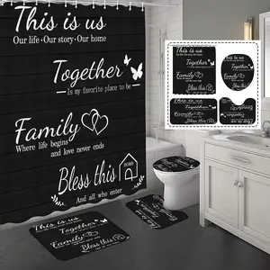 4Pcs Family Shower Curtain Sets with Non-Slip Rugs, Toilet Lid Cover and Bath Mat, Black Home Bathroom Decor Set Accessories Waterproof Shower Curtains with 12 Hooks, 72 x 72 Inch