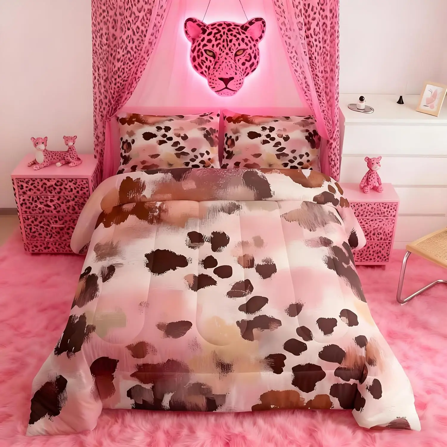 Abstract Leopard Print Comforter Set Pink Brown Cheetah Print Bedding Set for Kids Boys Girls Bedroom Bed Decor Wild Animal Fur Comforter Modern Quilt Set