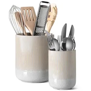 Utensil Holder, 7.3"+5.4" Ceramic Kitchen Utensil Holder for Countertop, Large Cooking Utensil Crocks for Kitchen Counter, Morden Utensil Organizer for Spatula, Kitchen Decor, Set of 2, White
