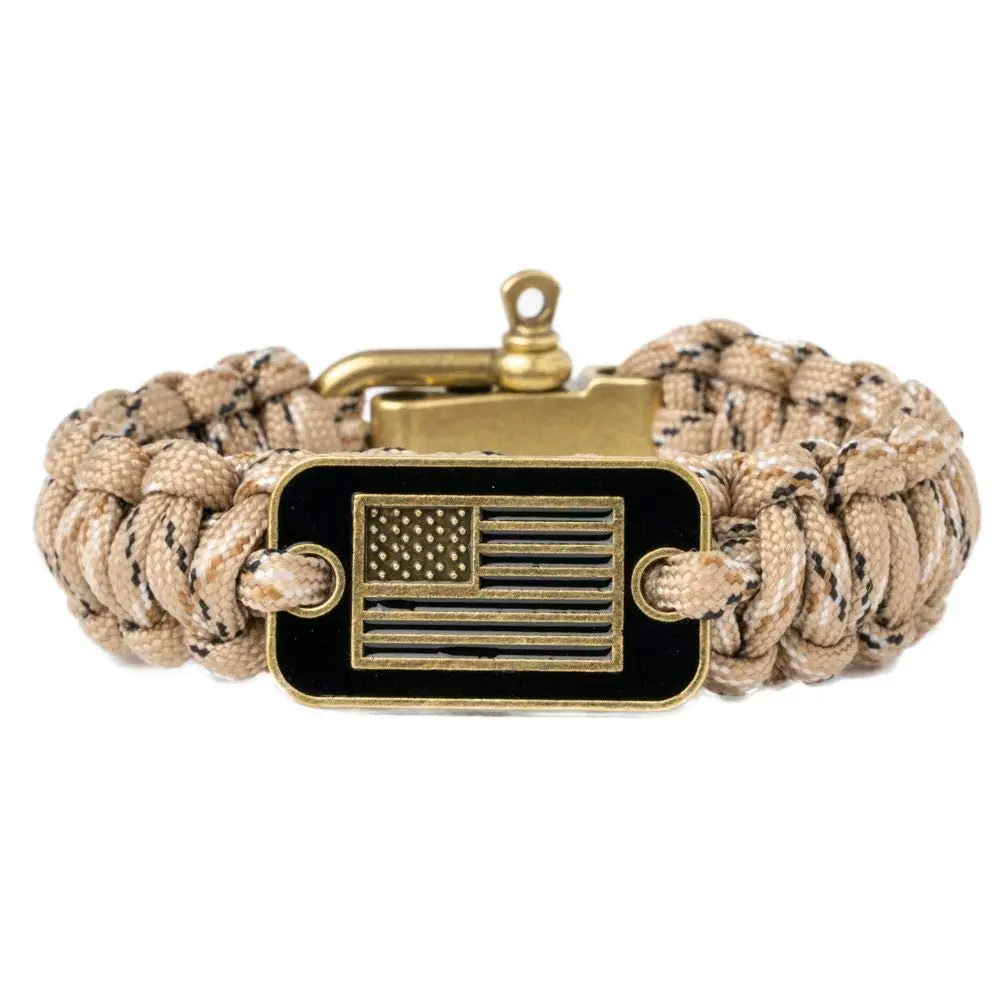 Camo Paracord Bracelet - Tactical Survival Bracelet for Men with Bronze USA Flag - Helps Pair Military Veterans with a Companion Dog