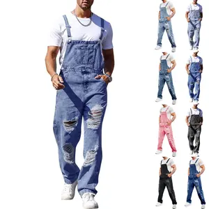 Beotyshow Men's Denim Bib Overall Ripped Distressed Jean Casual Fashion Workwear Adjustable Strap Hip Hop Jumpsuit