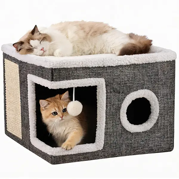 Cat Houses for Indoor Cats - Large Cat Bed Cave with Scratch Pad and Fluffy Ball, Foldable Cat Condo Hideaway with Reversible Cushion, All Seasons Use, for Multiple Small Pets, Dark Ivory Apartment, Easter
