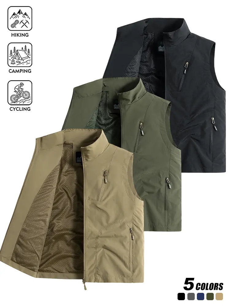 Casual Outdoor Zip Vest for Men, Lightweight Wind-Resistant Fabric, Relaxed Fit, Functional Multi Zipper Pockets, Mesh Lining, Outer Gilet for Commute and Outdoor Leisure