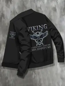 Men's Viking Nordic Print Jacket, Lightweight Warrior Coat with Viking Ship and Rune Backprint, Zipper Stand Collar Casual Wear