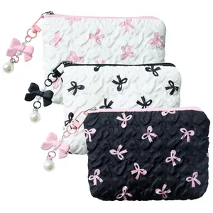 Travel Makeup Bag, Coin Purse, Portable Zipper Pouch, Handheld Cosmetic Pouch, Cute Bowknot Zip Keychain, Essential Travel Accessories