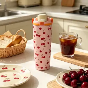 Owala 30oz Pink Cherry Print Insulated Tumbler Flask - Leak-Proof Push-Button Travel Water Bottle, 24H Cold Retention, Portable Handle (Kitchenware, Drinkware, Vacuum Flasks)