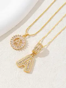 2 Count Zircon Initial Necklace Set, Bubble Alphabet Detail Pendant for Women, Fashionable Necklace for Men, Anniversary Gift Idea