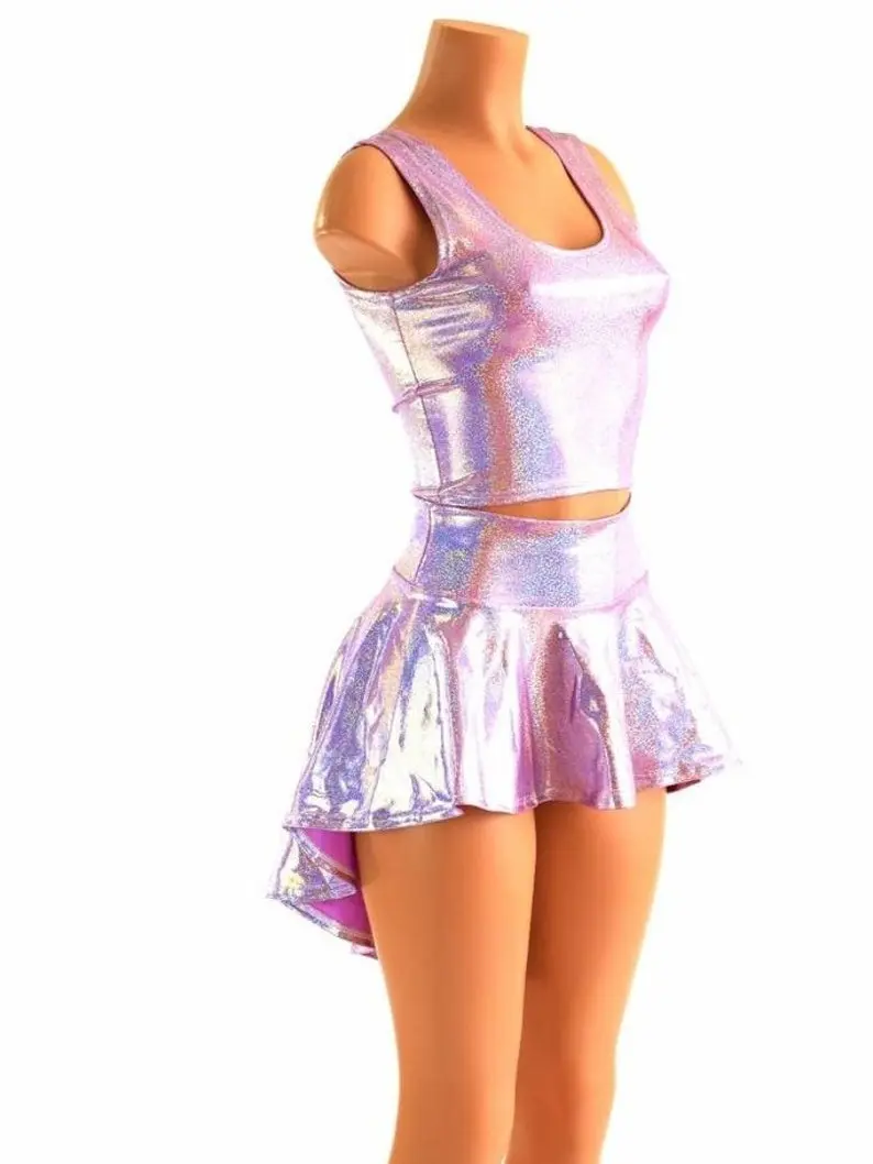 3PC Rave Outfit Lilac Purple Sparkly Jewel Holographic Crop Tank, Hi Lo Skirt & Cheeky Booty Shorts