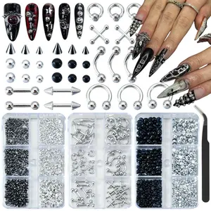 3 Boxes Goth Nail Charms Metal Charms for Nails Studs Black Silver Punk Accessories