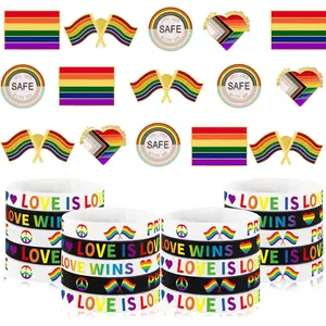 40 Pcs Pride Accessories LGBTQ Bracelets Gay Pride Pins Silicone Rainbow Wristbands Brooches for Pride Parade Pride Month Party Gift Supplies