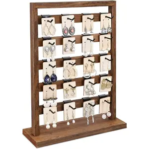 Ikee Design 5 Tiers Free Assemble Wooden Jewelry Display Rack with 20 Removable Metal Hooks,Earring Card Display Stand,Jewelry Organizer,Bracelet Organizer,Keychain Display Stand,Brown Color