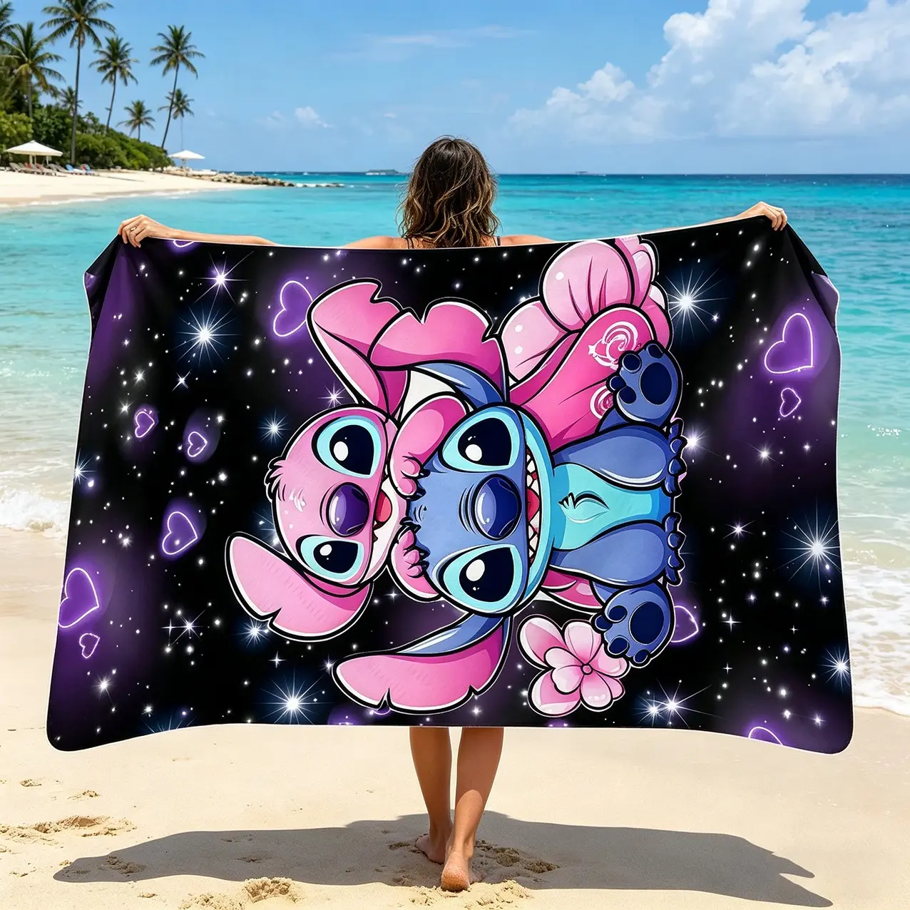 Stitchy Angel Heart Starry Beach Towel, Ultra-Fine Fiber Absorbent Bath Towel, Pool Party, Beach Vacation, Summer Outdoor Multi-Purpose Quick-Dry Beach Towel, Quick Drying Towel, Quick Dry Towels