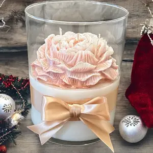 Decorative Rose Candle with Apricot and Coconut Wax for Home and Party Supplies - Ornaments Flower Glass 14x7 Round Base Natural Scent Long Lasting Burn Time Traditional Aroma
