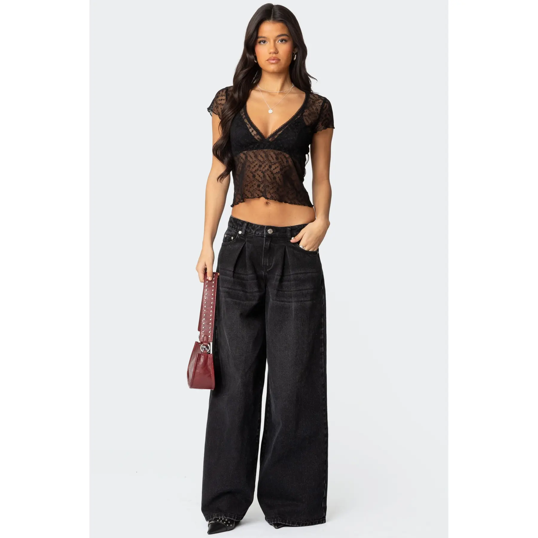 Pleated Detail Low Rise Baggy Jeans