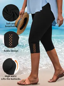 Women's Plus Size High Waist Tight-Fitting Pants, Seven-Quarter Leggings, Elastic Comfort Fit, Lace Trim, All Seasons Fashion Casual Style, Sizes Up to 5xl, Womenswear
