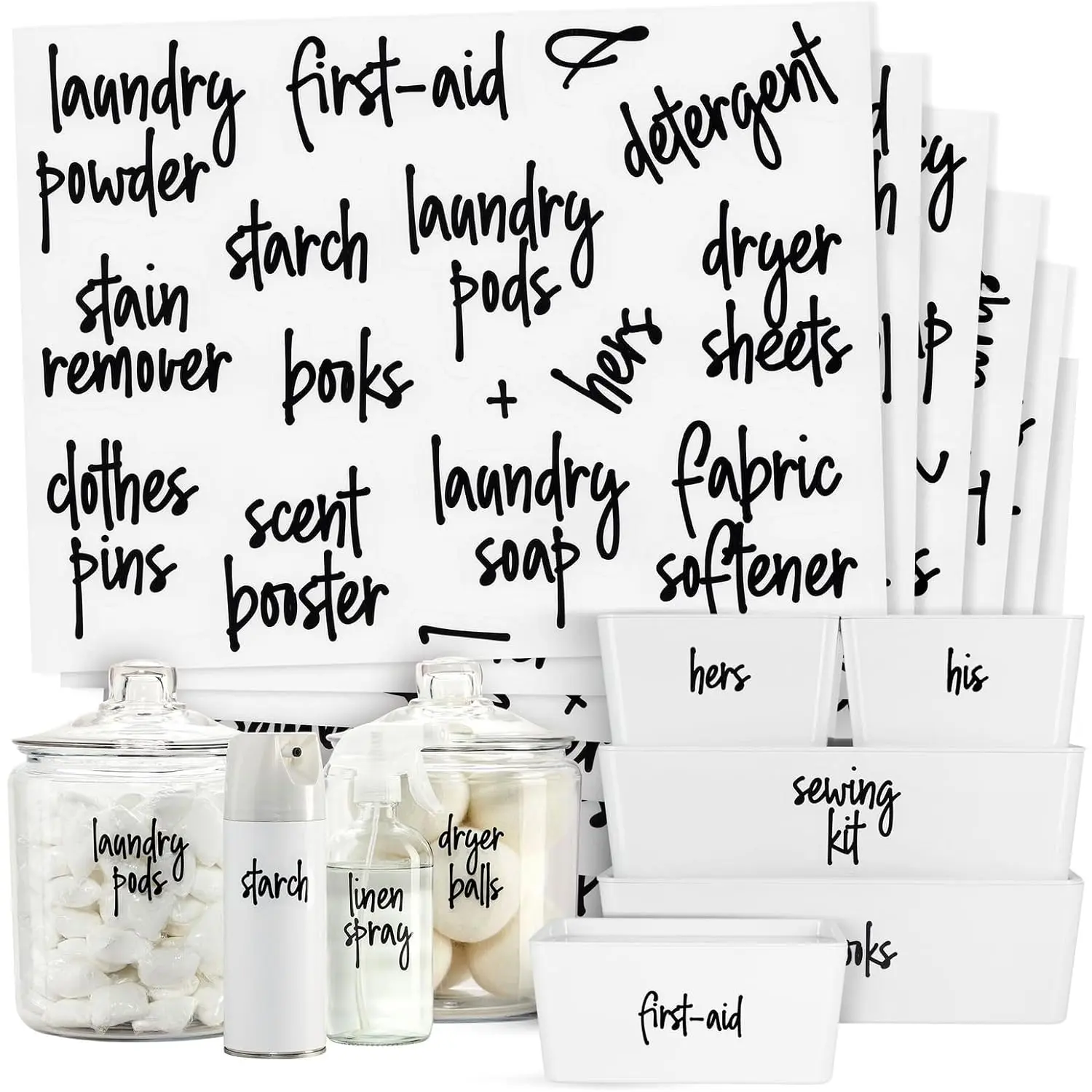 141 Laundry Labels for Jars, Containers - Preprinted Black Script Stickers for Linen Closet, Bathroom, Cleaning Supplies Organization (Water Resistant)