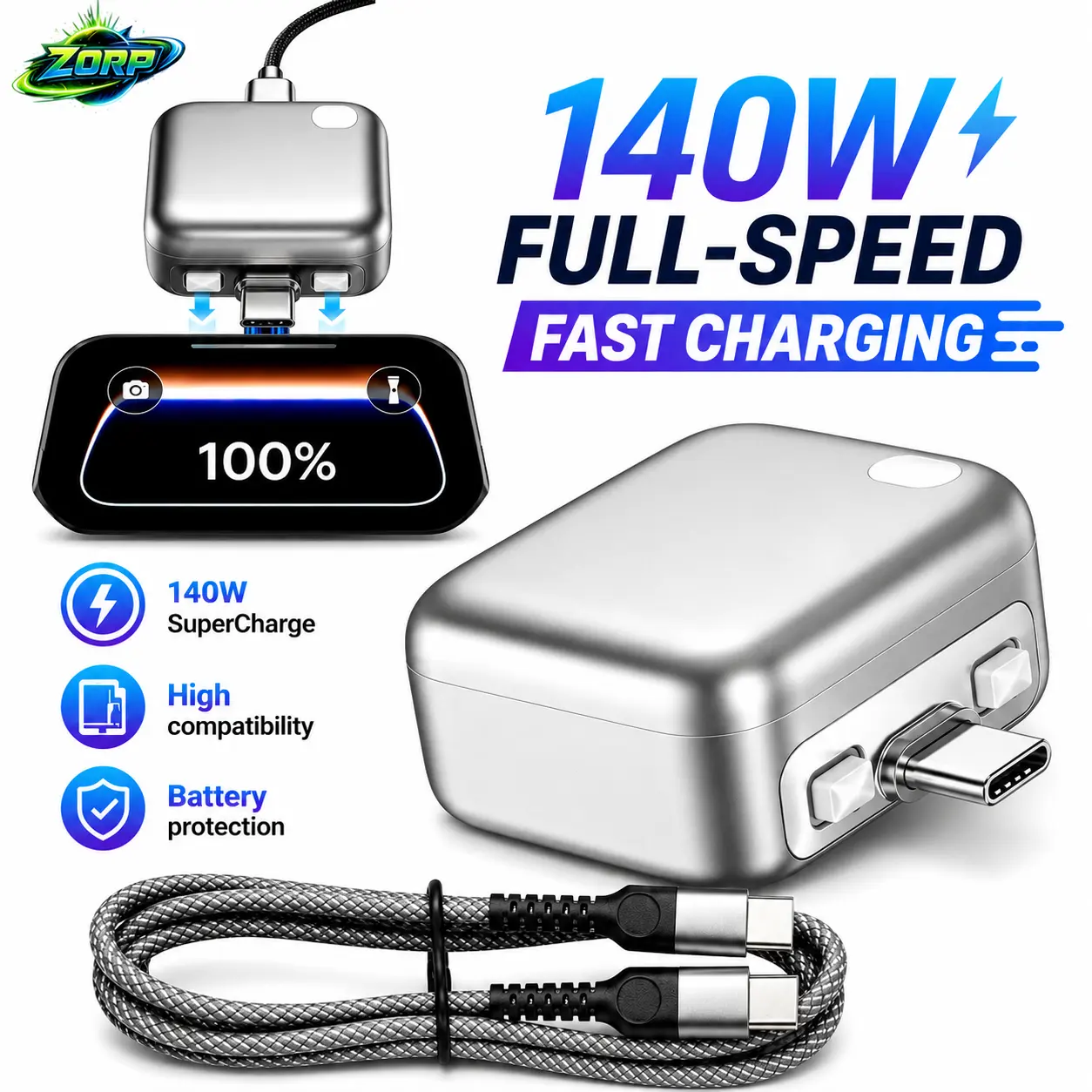 ZORP Automatic Power-Off Charger Adapter, 140W Type-C Fast Charging Split Charger, Physical Power-Off, Automatically Cuts Off Power After Fully Charged to Protect Battery, Type-C Interface Compatible with iPhone 17/16/15, Laptops, and Tablets