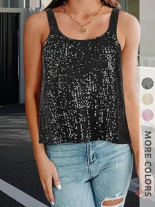 New Summer Women's Solid Sequined Sleeveless Fitted Top, Womenswear, Elegant Arc Neckline, Fashionable Commuter Wear, Versatile High-End Style, Unique Design, Chic
