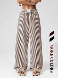 Women's Striped Bubble Fabric Casual Straight Leg Wide Leg Pants, All Seasons Versatile Slimming Trousers, Loose-Fitting Fashion Joggers, Casual Comfy Trousers, Casual Lounge Pant, Casual Street Trousers