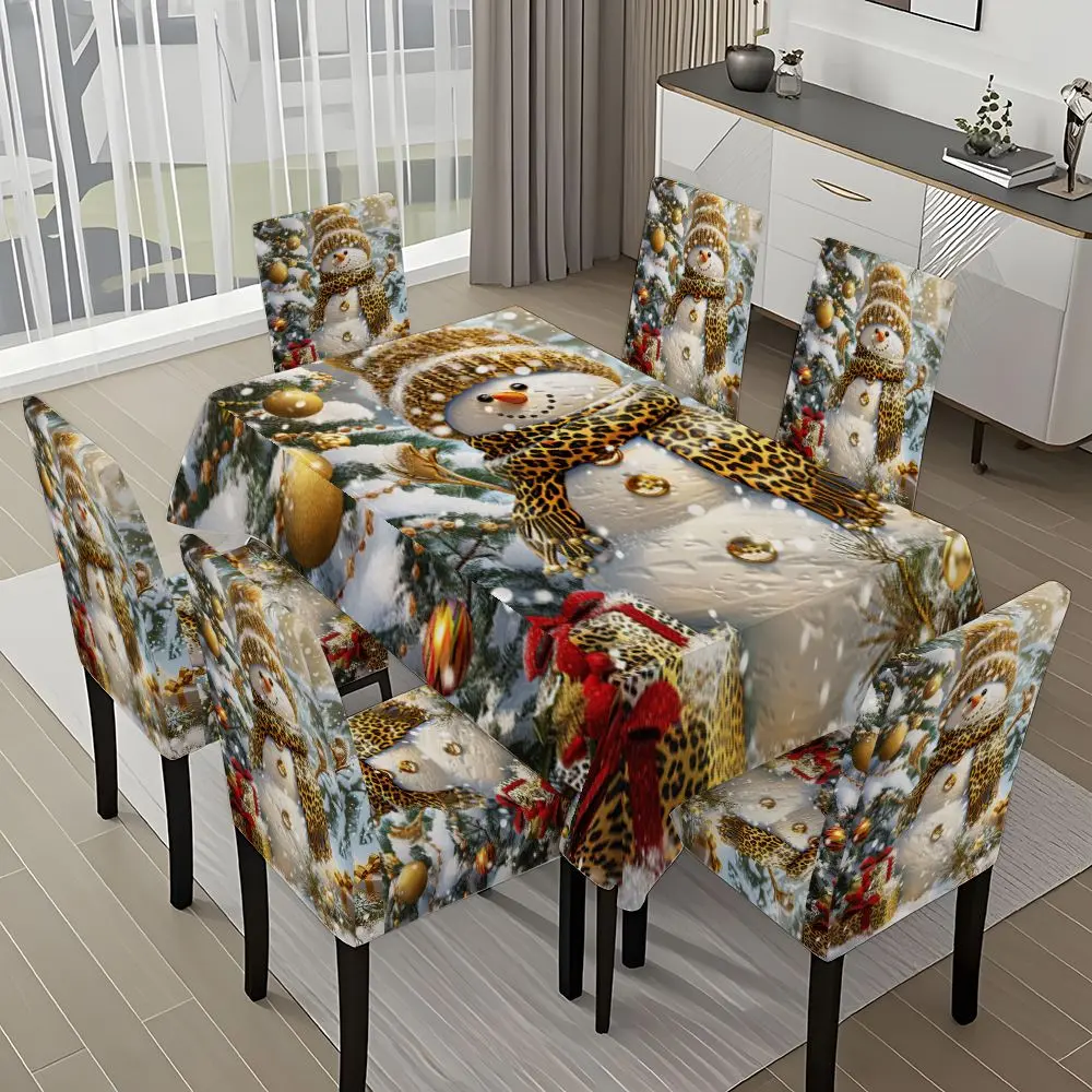 5/7-piece 2D Flat Printing Merry Christmas Leopard Print Snowman Snow Scene Printing Pattern Tablecloth and Chair Cover Set, for dining table and chair decoration, perfect for home, holiday gatherings, restaurants, and parties.