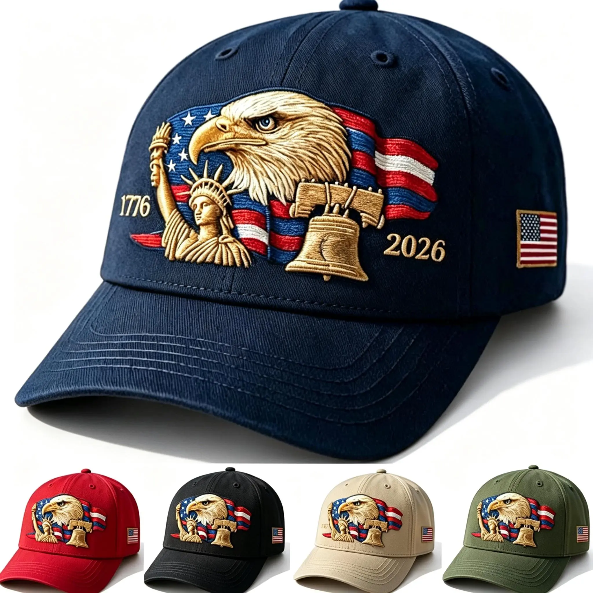 Adjustable Patriotic Baseball Cap for Men & Women, Embroidered American Flag-Bald Eagle Design, USA 250th Anniversary Buckle Hat, Vintage Washing Treatment, 4th of July Gift for Patriots, Outdoor Sports Accessory