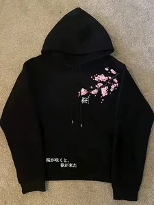 Women's Japanese Cherry Blossom Graphic Hoodie, Oversized Casual Streetwear Pullover, Fitted Floral Landscape Print Design, Fall & Winter Wear, Sweatshirts, Style