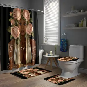 Valentine’s Day Limited Edition Rose Head Meshelly Shower Curtain, Wall Mounted, 72wx72h, Burgundy Rose Floral, African-American Style, Feminine Design