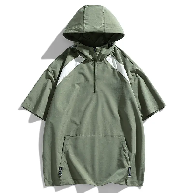 Men's Streetwear Hooded T-Shirt - Stylish Colorblock Half-Zip Henley with Quick-Dry Fabric and Loose Fit, Preppy