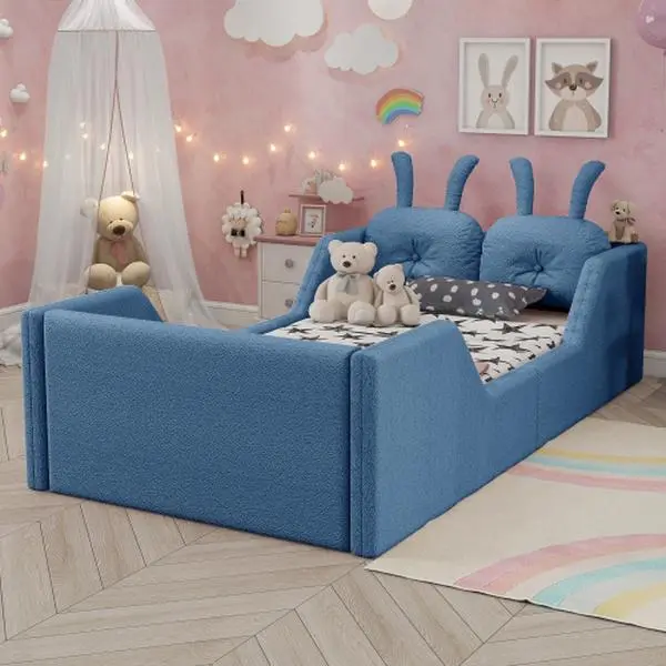 Bellemave Twin Size Upholstered Platform Bed with Rabbit Cushion Kids Floor Bed Solid Wood Frame Sturdy Wooden Legs Removable Side Rails Assembled