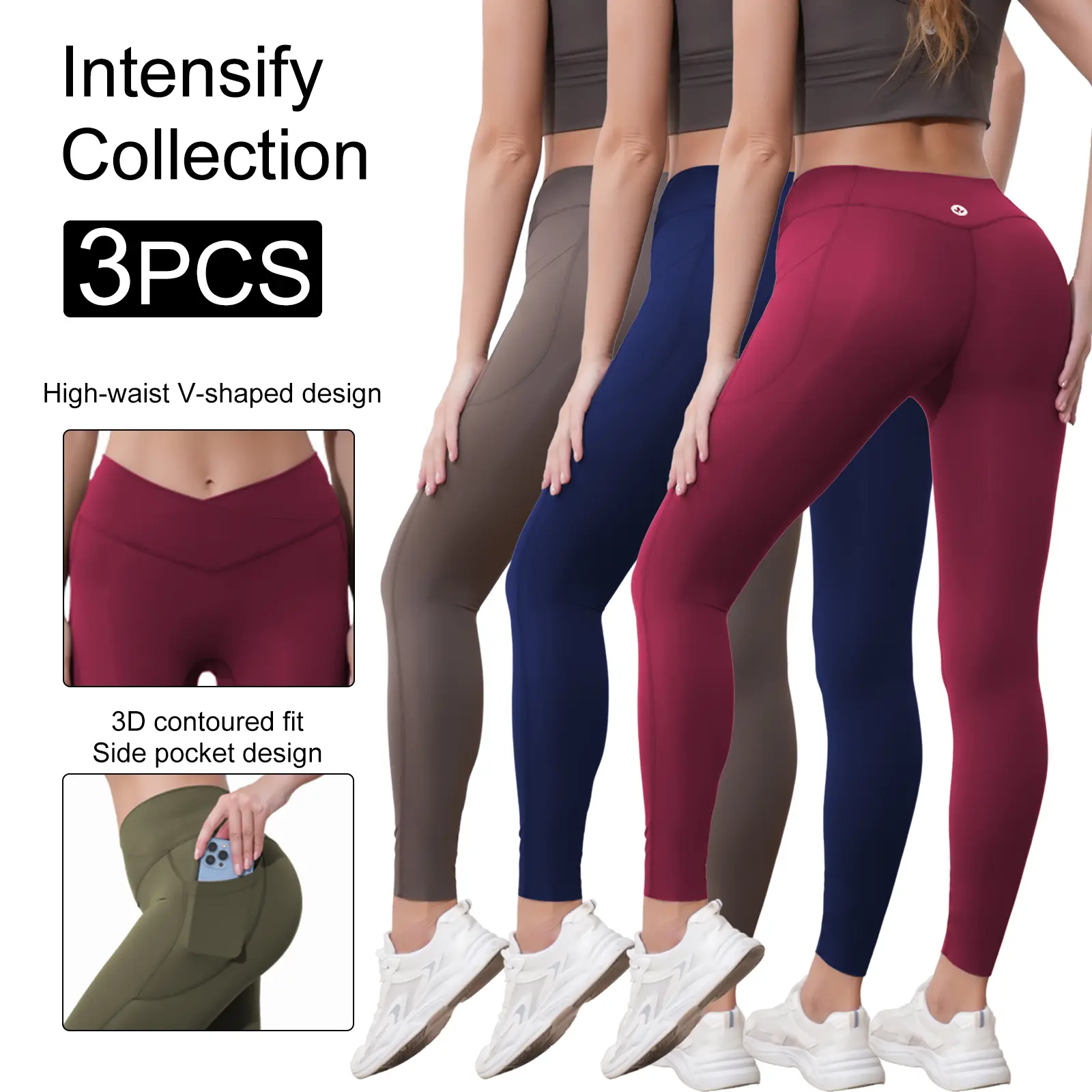 Women's 3PCS V-Waist Yoga Leggings with Pockets, Soft Stretch High-Waist Tummy Control Pants for Workout, Gym Fitness Clothes Gym Exercise Activewear