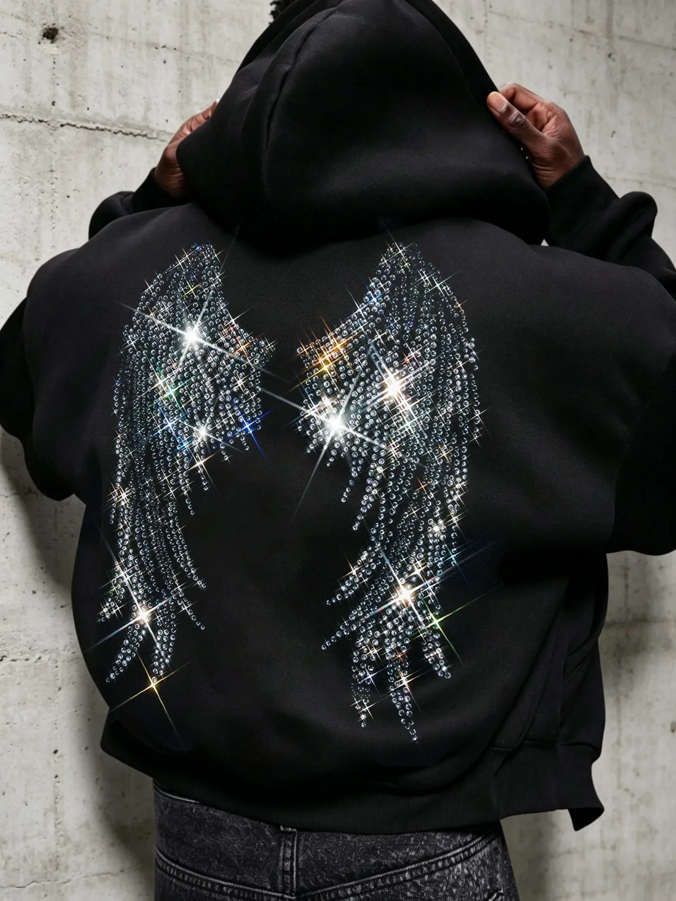 Men's hoodie, Long Sleeve, Loose, Casual, Menswear, zip-up cardigan style, lightweight fabric for transitional seasons, rhinestone embellishment, unique wing pattern on the back, perfect for layering in early autumn and early winter, Sweatshirts, Tops