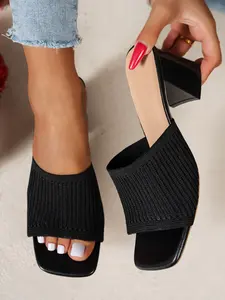 Women's Knit Heeled Mules, 4 Colors Available, Elegant Simple Design, Square Toe Open-Toe Slip-On, Breathable Stretch Fabric, Comfortable Heel, Summer Sandal