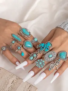 Boho Style Turquoise Cactus Flower Rings Set, Geometric Edge Design, Ethnic Pattern Jewelry, 14 Pieces, Zircon Gemstones