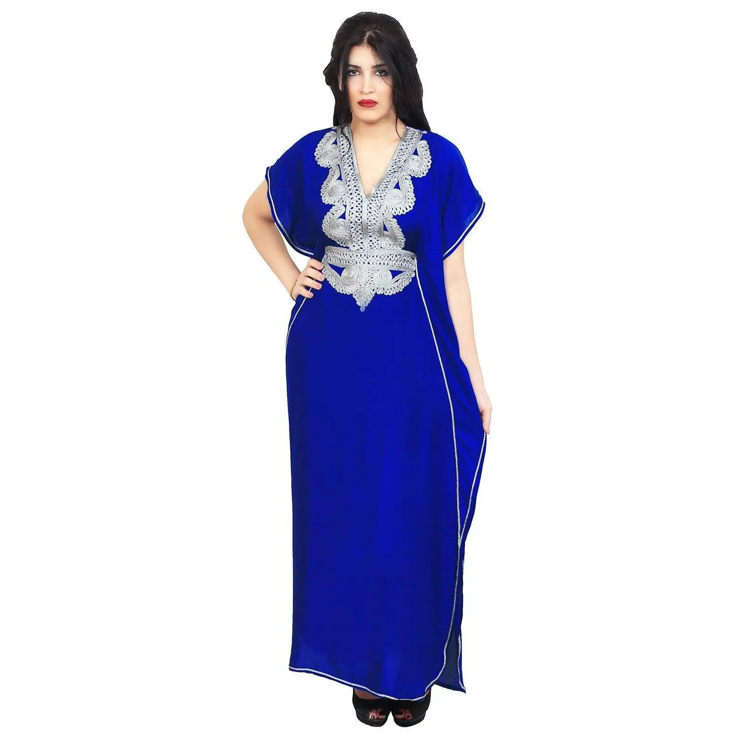 Moroccan Caftans Handmade Silver Hand Embroidery Breathable Soft Royal Blue