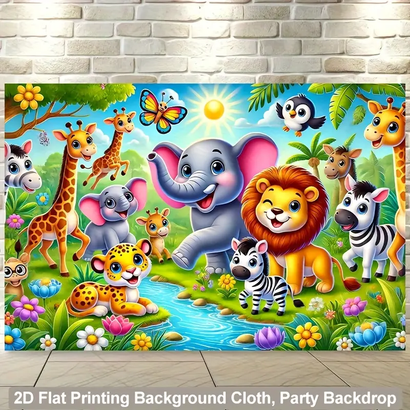 1pc 2D Flat Printing Jungle Animal Polyester Backdrop Banner (243.84x182.88cm) - Party Decoration Supplies, Wedding Party Use, Birthday-Themed Festive Option, Wall Covering for Home & Business, Wedding Party Backdrop