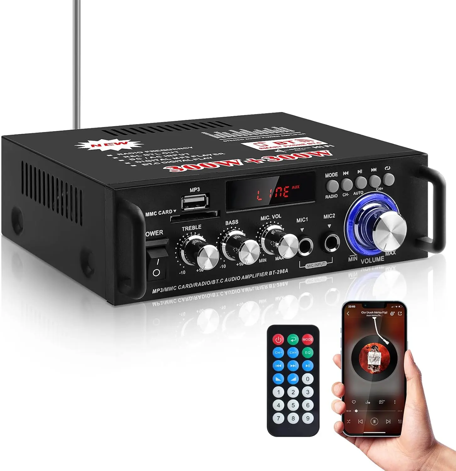298A Max Bluetooth 5.0 Stereo Amplifier 300W×2 Peak, RMS 40W×2 Power Amp, Bass & Treble Adjustment, USB/SD/RCA/MIC/FM Inputs, Digital LED Display, Portable Mini Audio Amp with Remote  , Great Value, Remote Control, Home Amplifier