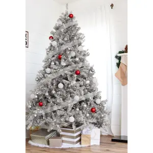 Full Bodied Metallic Silver Tinsel Tree with Metal Stand