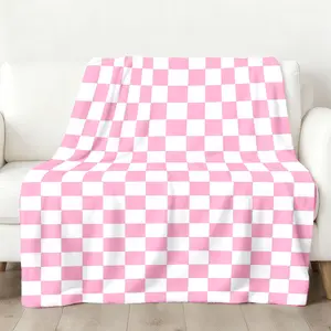 Pink Checkered Throw Blanket, White Grid Flannel Blanket, Soft Cozy Warm Throw, Girly Design, Cute Gift for Her, Aesthetic Bedroom Living Room Couch Decor ﻿
