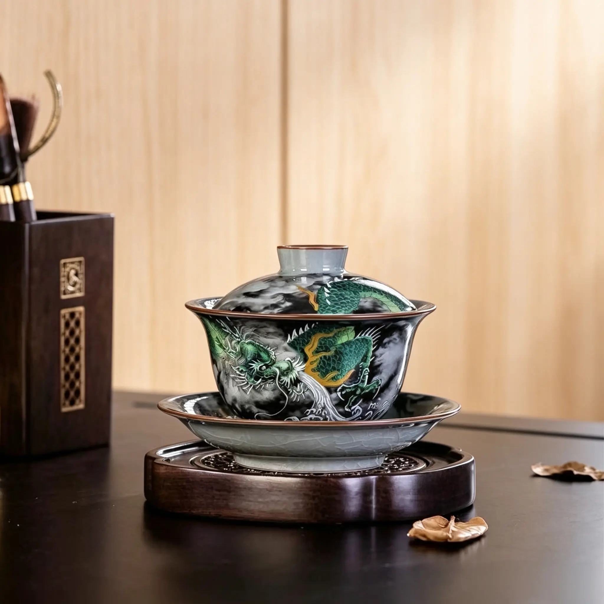 Handmade Dragon Pattern Ceramic Gaiwan Teacup Set with Lid - Traditional Chinese Lid-and-Saucer Tea Bowl, Non-Customised Kitchen Drinkware for Dad, Table Decor, Holiday Gift for Tea Enthusiasts (Drinking Use)