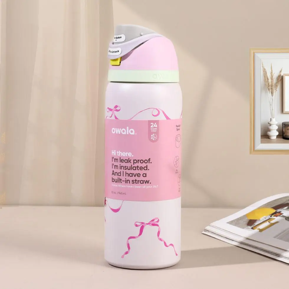 Owala FreeSip 32oz Ribbon Toile Water Bottle, Coquette Pink Ribbon Bow Print Leakproof Vacuum Insulated Stainless Steel Straw Cup for Women, Dorm and Travel